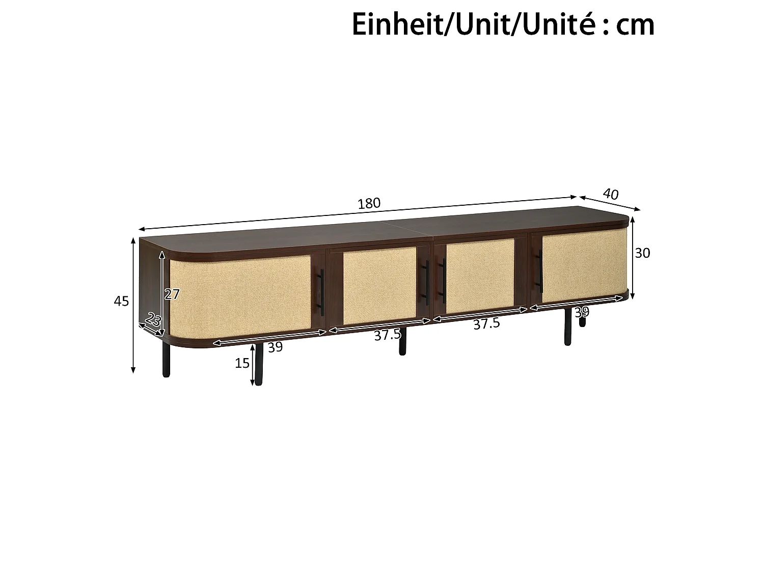 Meuble TV moderne 180 x 40 x 45 cm - 4 portes à panneaux tressés - Poignées noires et pieds en fer - MDF - Marron