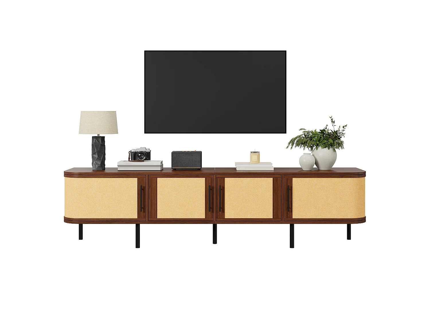 Meuble TV moderne 180 x 40 x 45 cm - 4 portes à panneaux tressés - Poignées noires et pieds en fer - MDF - Marron