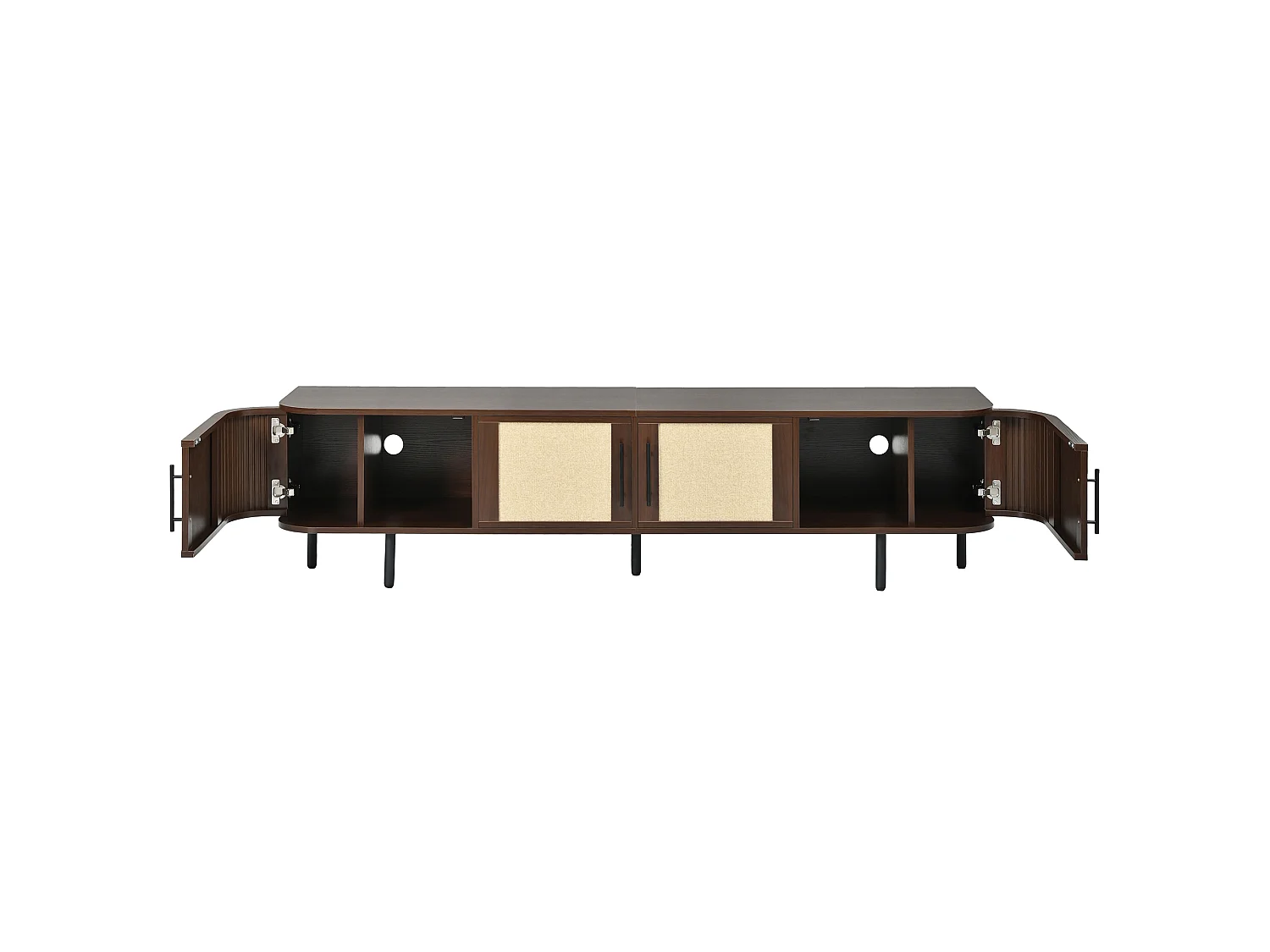 Meuble TV moderne 180 x 40 x 45 cm - 4 portes à panneaux tressés - Poignées noires et pieds en fer - MDF - Marron