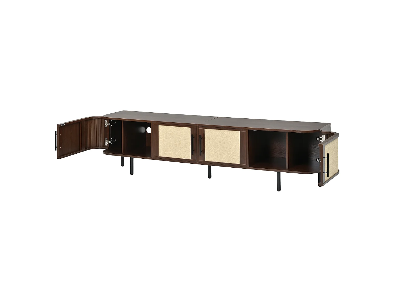Meuble TV moderne 180 x 40 x 45 cm - 4 portes à panneaux tressés - Poignées noires et pieds en fer - MDF - Marron