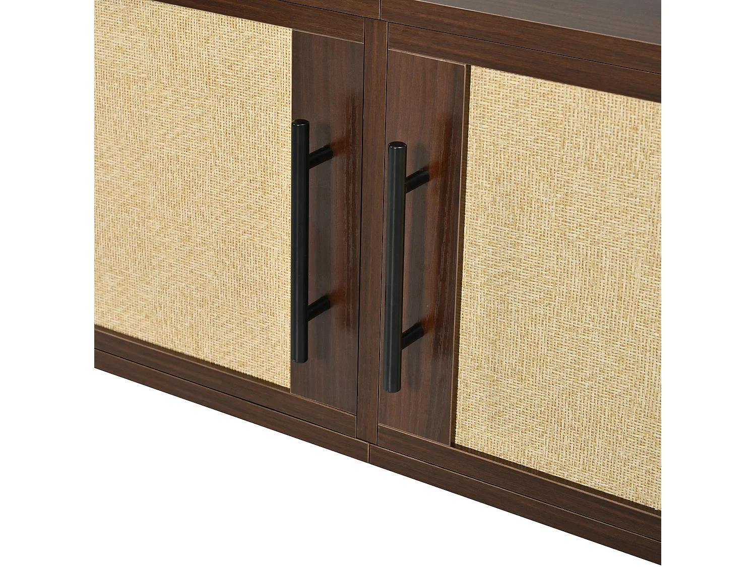 Meuble TV moderne 180 x 40 x 45 cm - 4 portes à panneaux tressés - Poignées noires et pieds en fer - MDF - Marron