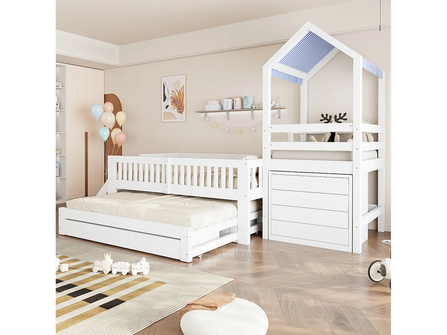 Kinderbett 90x200 - mit Ausziehbett 90x190 - Kommode 4 Schubladen auf der rechten Seite - mit seitlicher Leiter - weiß (Matratze nicht enthalten)