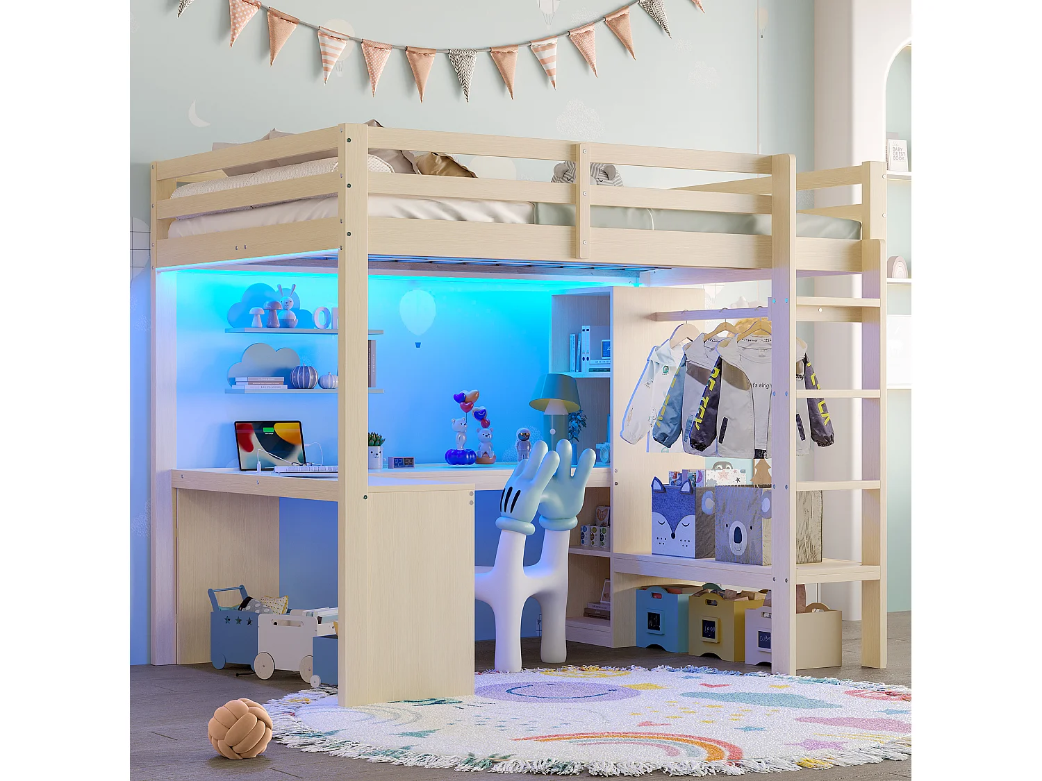 Lit mezzanine 140 x 200 cm avec bureau en L, étagères et penderie - MDF + pin -Eclairage LED et port USB - Naturel (sans matelas)