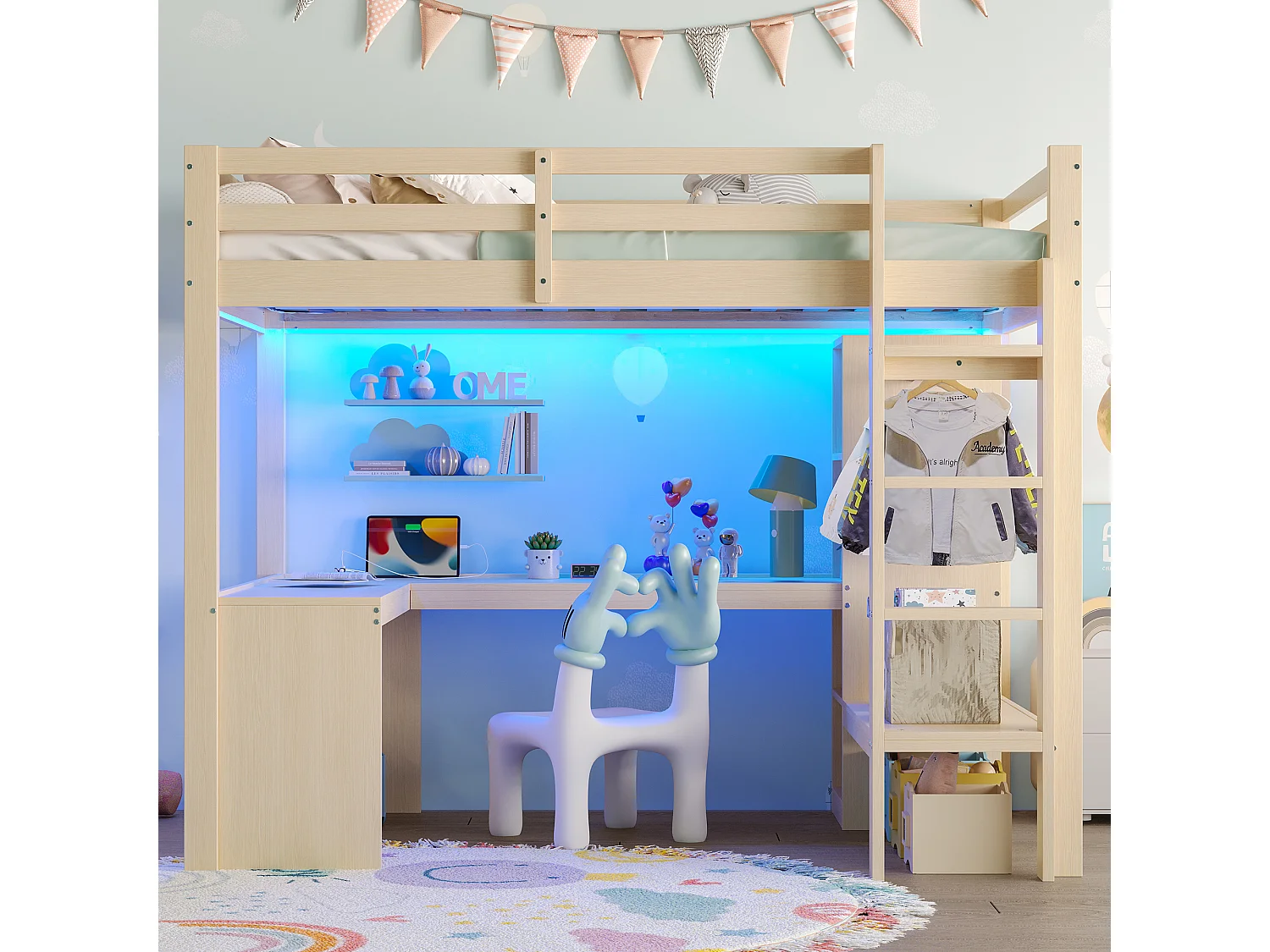 Lit mezzanine 140 x 200 cm avec bureau en L, étagères et penderie - MDF + pin -Eclairage LED et port USB - Naturel (sans matelas)