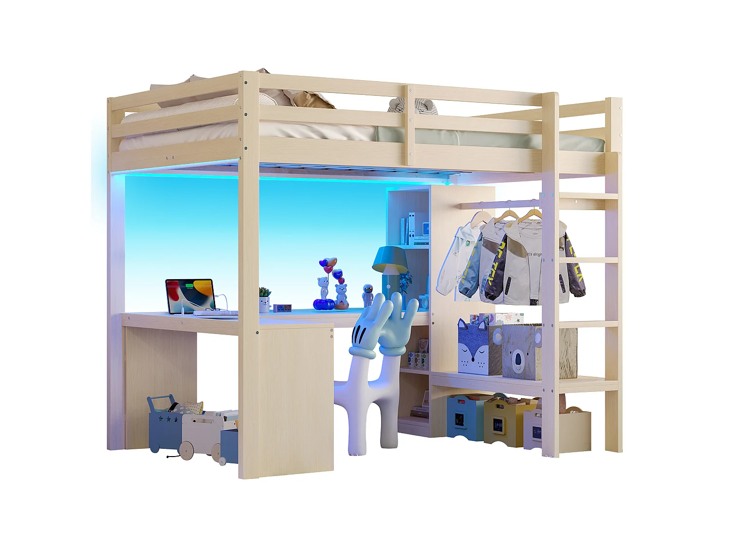 Lit mezzanine 140 x 200 cm avec bureau en L, étagères et penderie - MDF + pin -Eclairage LED et port USB - Naturel (sans matelas)