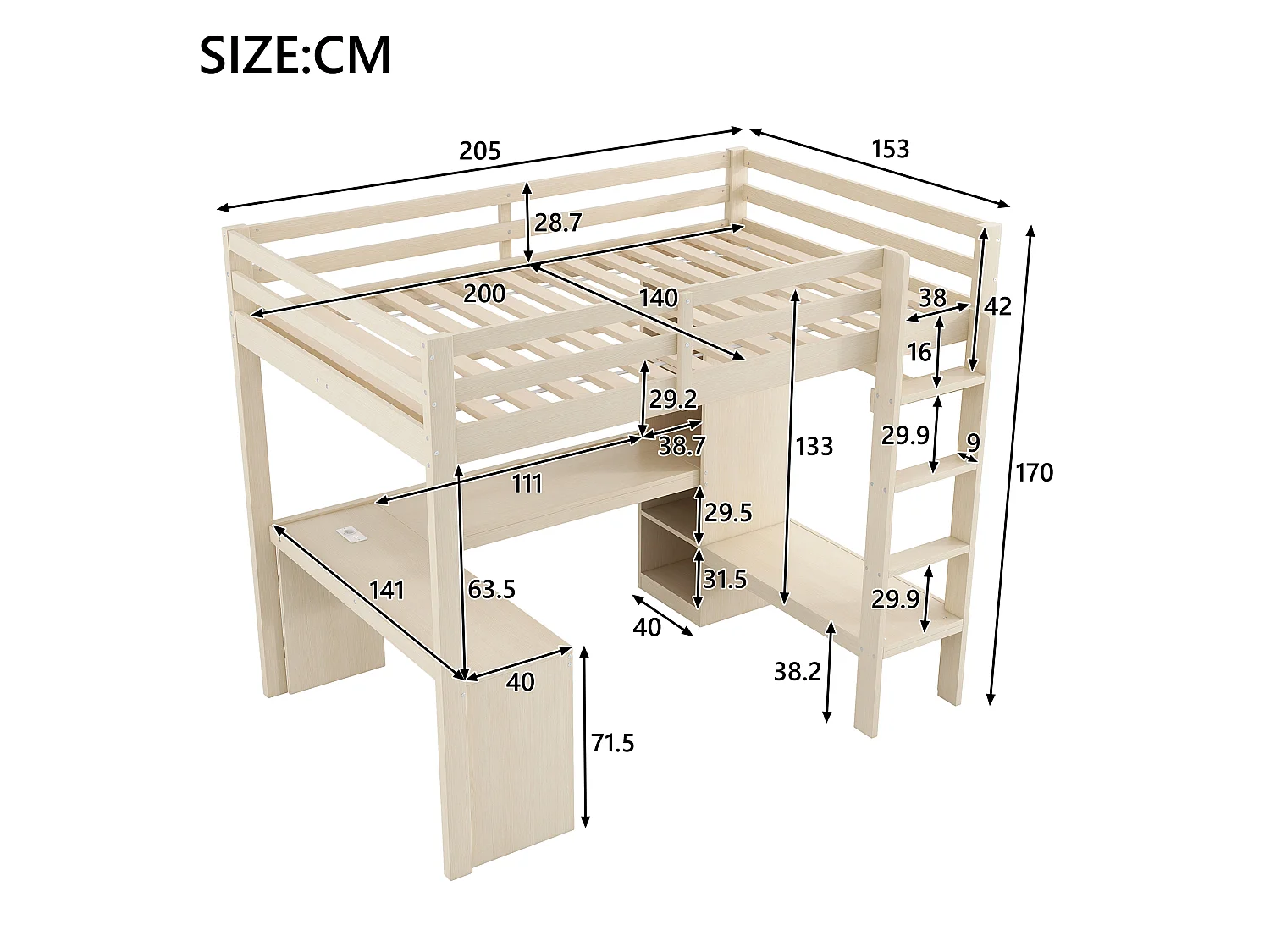 Lit mezzanine 140 x 200 cm avec bureau en L, étagères et penderie - MDF + pin -Eclairage LED et port USB - Naturel (sans matelas)