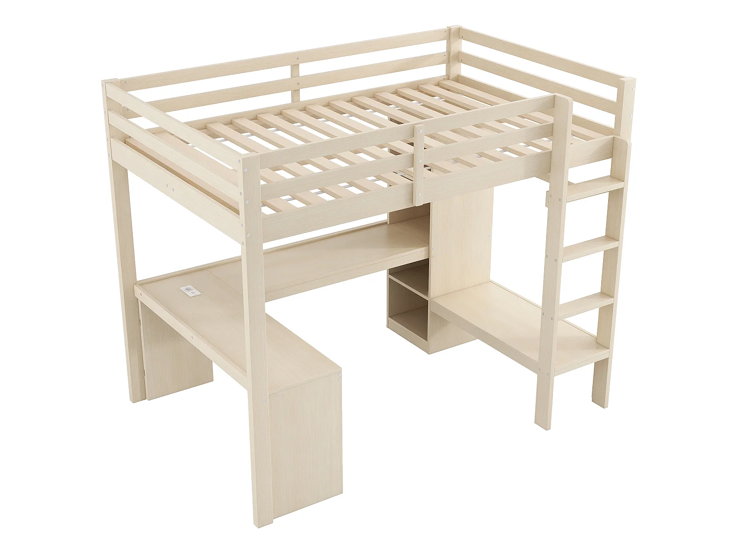 Lit mezzanine 140 x 200 cm avec bureau en L, étagères et penderie - MDF + pin -Eclairage LED et port USB - Naturel (sans matelas)