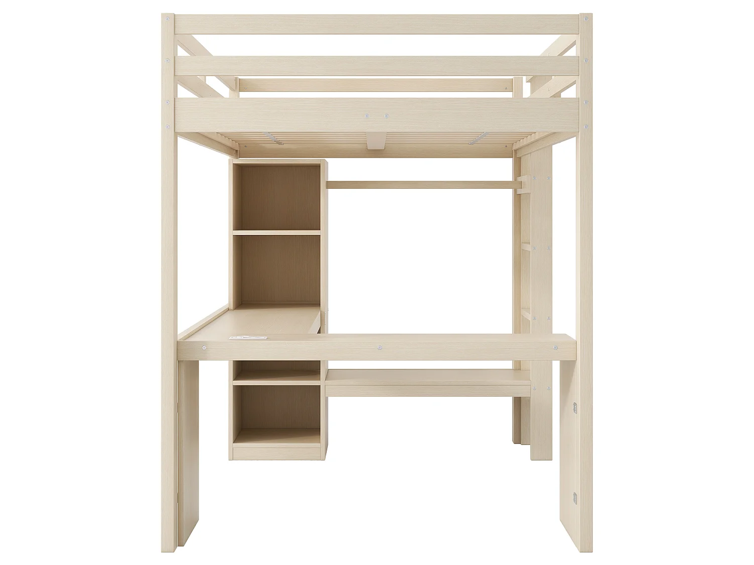 Lit mezzanine 140 x 200 cm avec bureau en L, étagères et penderie - MDF + pin -Eclairage LED et port USB - Naturel (sans matelas)