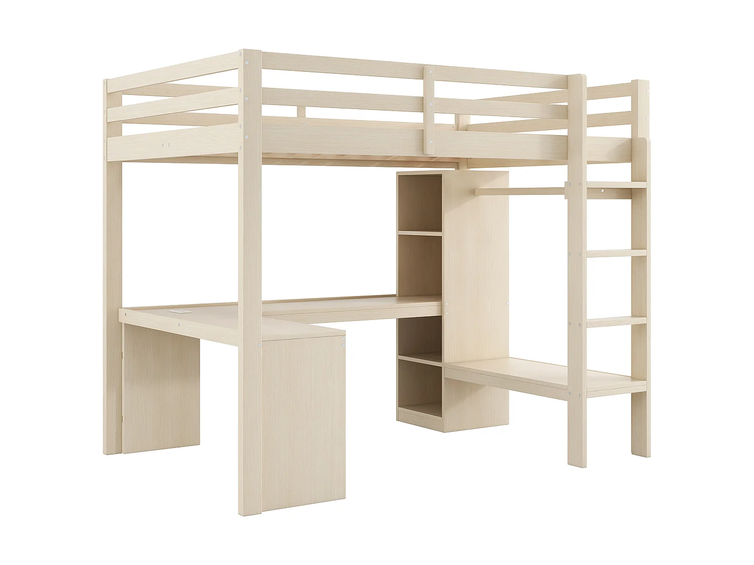 Lit mezzanine 140 x 200 cm avec bureau en L, étagères et penderie - MDF + pin -Eclairage LED et port USB - Naturel (sans matelas)