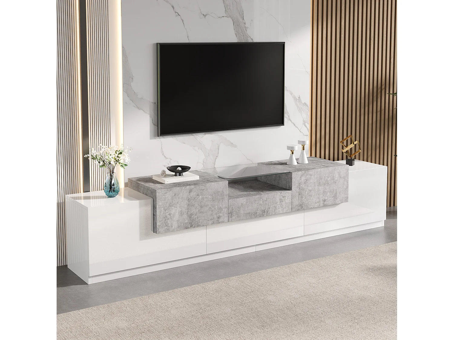 Meuble TV 200 x 33 x 48,5 cm - 5 portes et 1 tiroir - Étagère ouverte - Finition brillante - Blanc et gris ciment