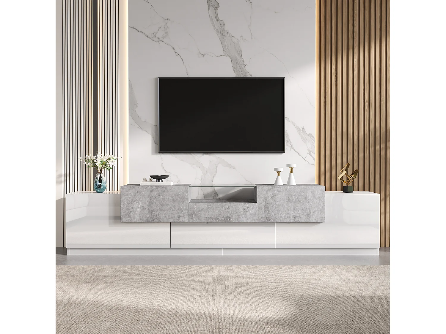 Meuble TV 200 x 33 x 48,5 cm - 5 portes et 1 tiroir - Étagère ouverte - Finition brillante - Blanc et gris ciment