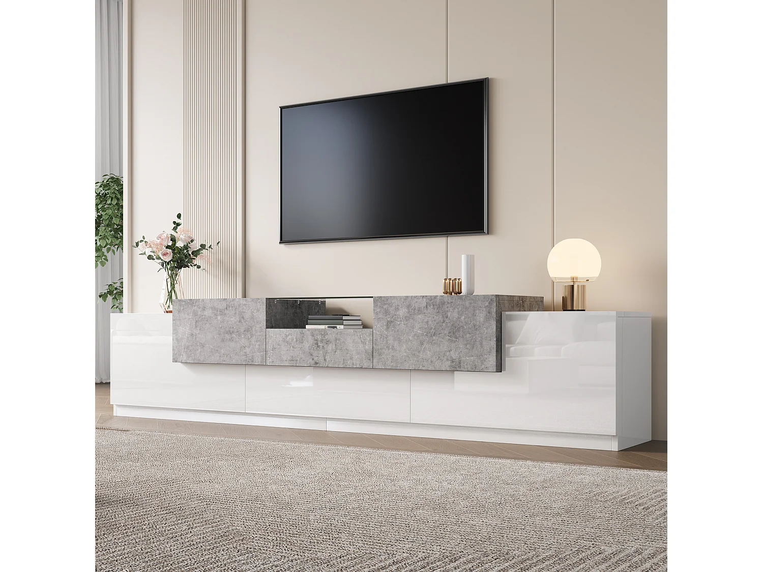 Meuble TV 200 x 33 x 48,5 cm - 5 portes et 1 tiroir - Étagère ouverte - Finition brillante - Blanc et gris ciment