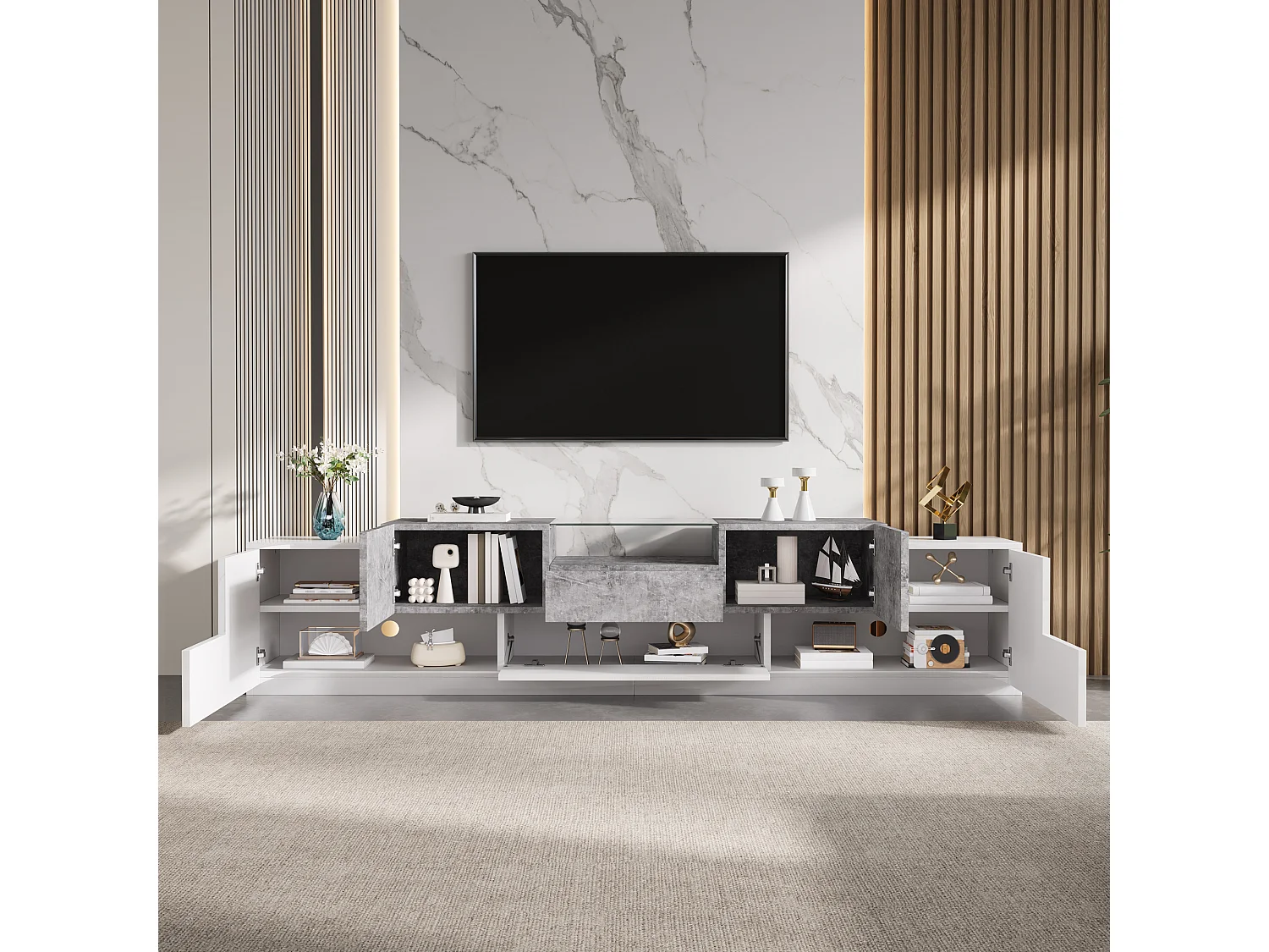 Meuble TV 200 x 33 x 48,5 cm - 5 portes et 1 tiroir - Étagère ouverte - Finition brillante - Blanc et gris ciment