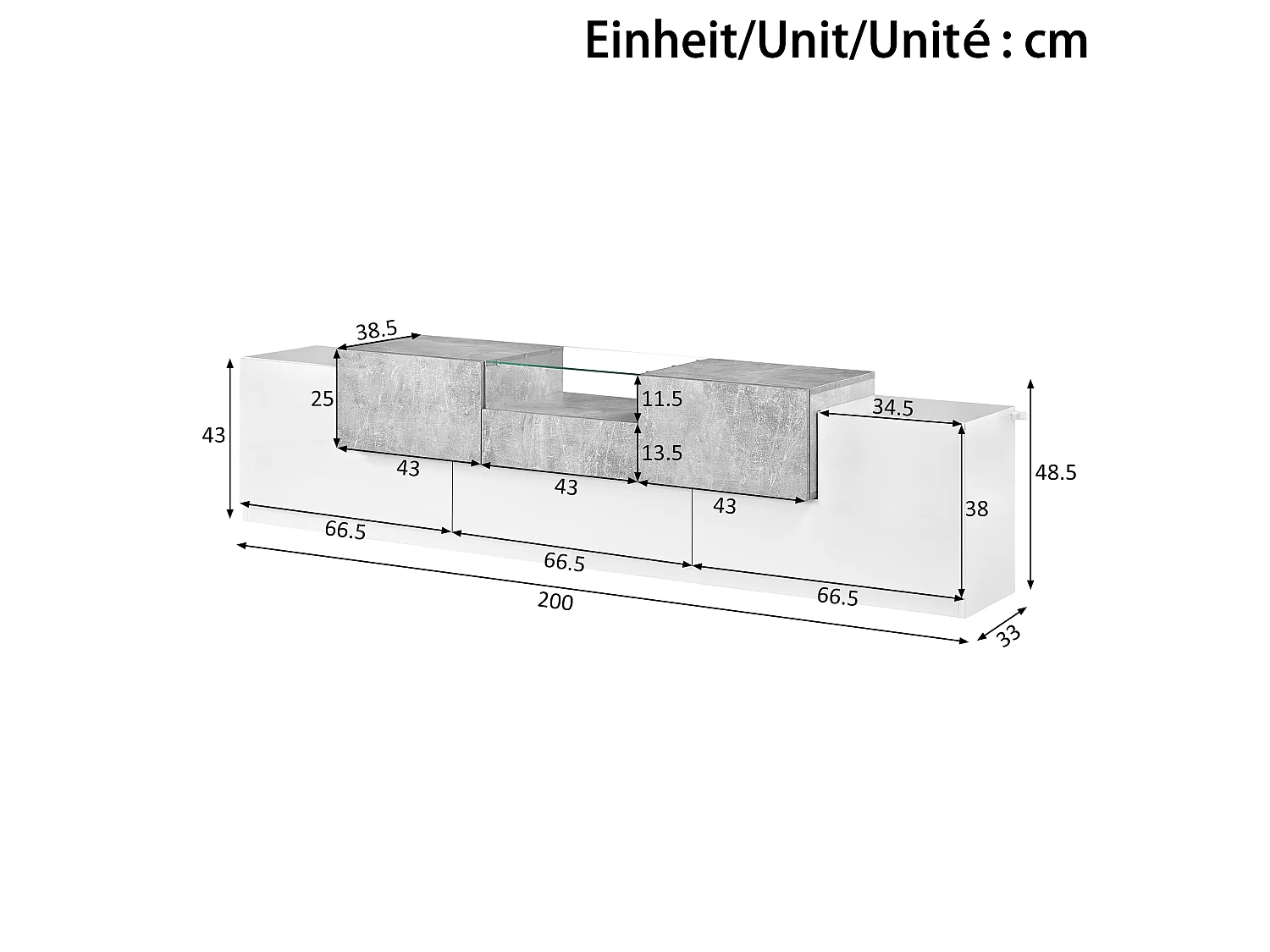 Meuble TV 200 x 33 x 48,5 cm - 5 portes et 1 tiroir - Étagère ouverte - Finition brillante - Blanc et gris ciment