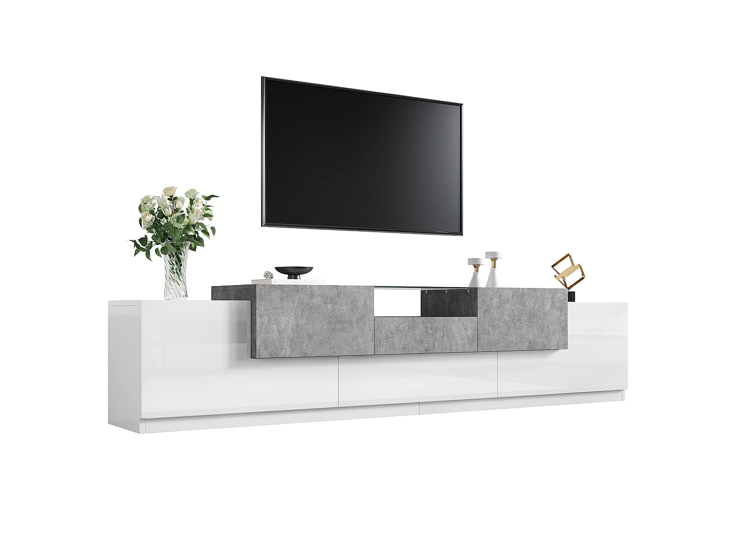 Meuble TV 200 x 33 x 48,5 cm - 5 portes et 1 tiroir - Étagère ouverte - Finition brillante - Blanc et gris ciment