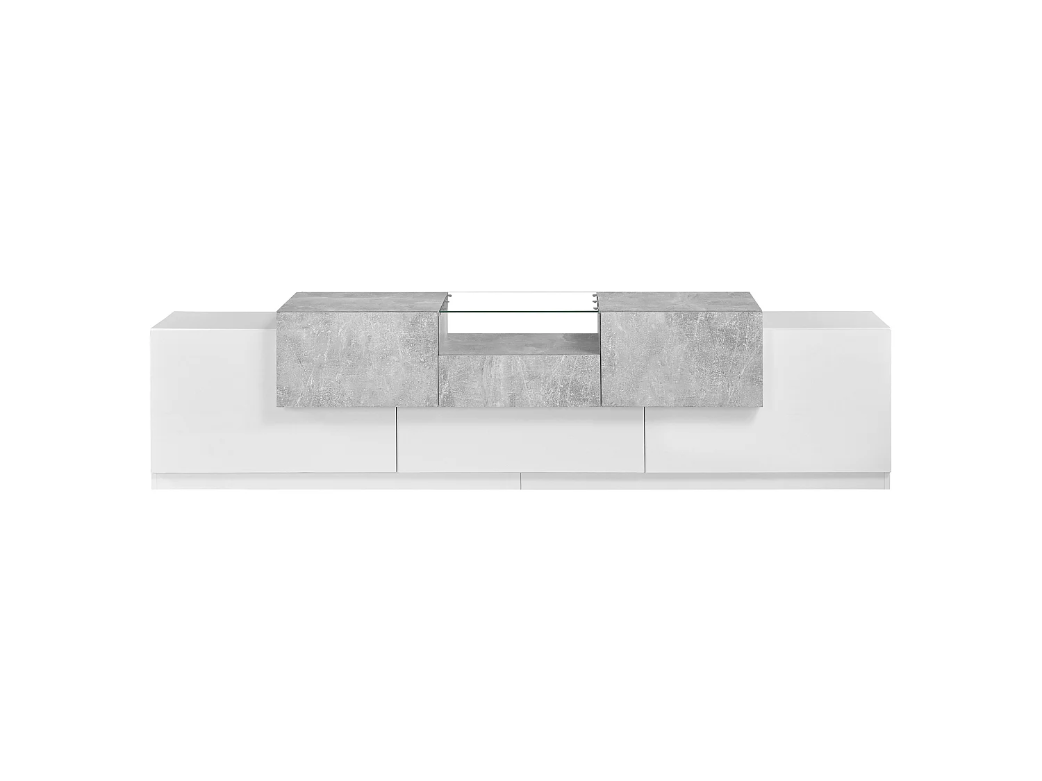Meuble TV 200 x 33 x 48,5 cm - 5 portes et 1 tiroir - Étagère ouverte - Finition brillante - Blanc et gris ciment