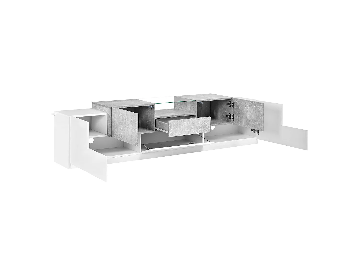 Meuble TV 200 x 33 x 48,5 cm - 5 portes et 1 tiroir - Étagère ouverte - Finition brillante - Blanc et gris ciment