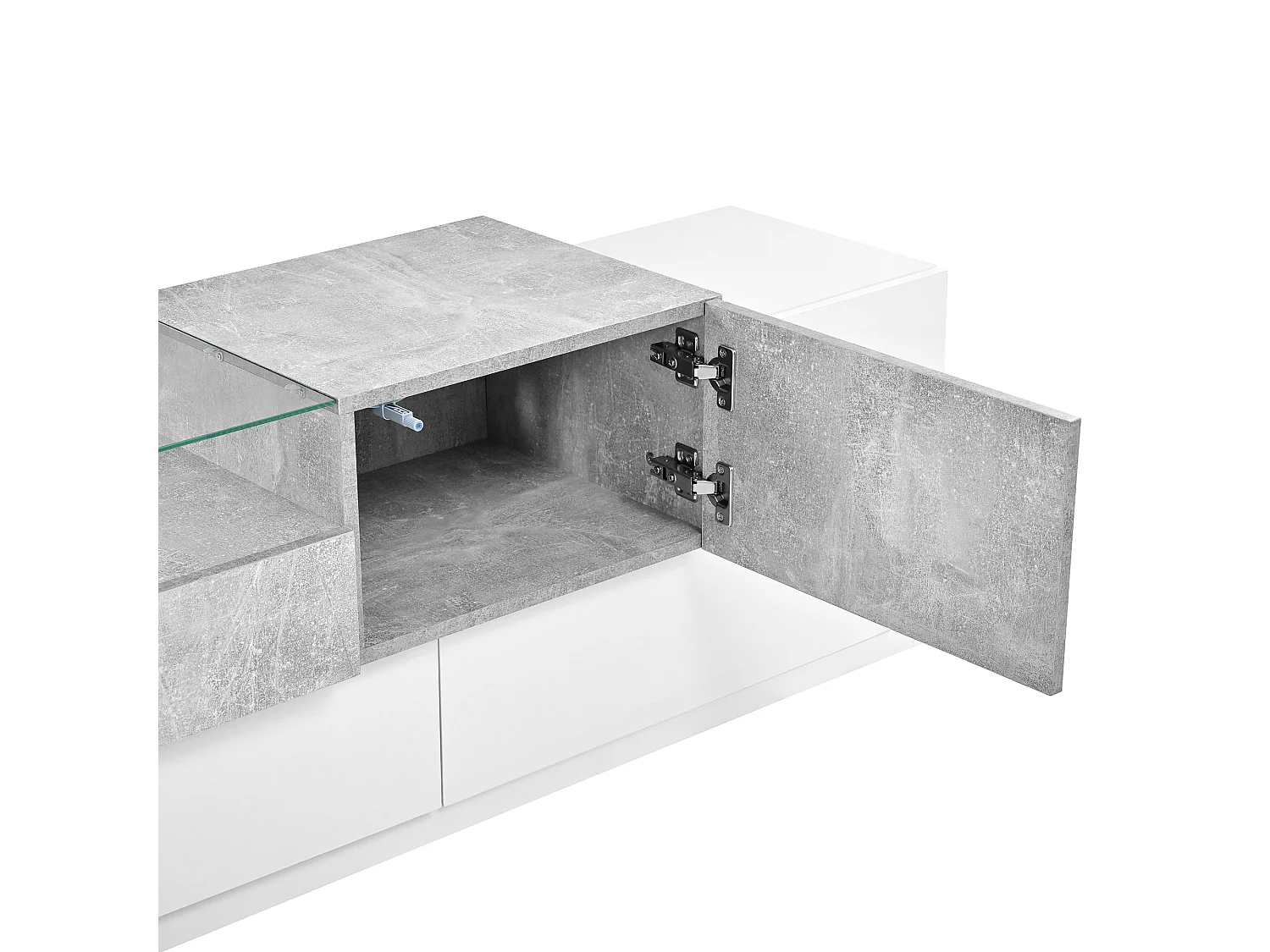 Meuble TV 200 x 33 x 48,5 cm - 5 portes et 1 tiroir - Étagère ouverte - Finition brillante - Blanc et gris ciment