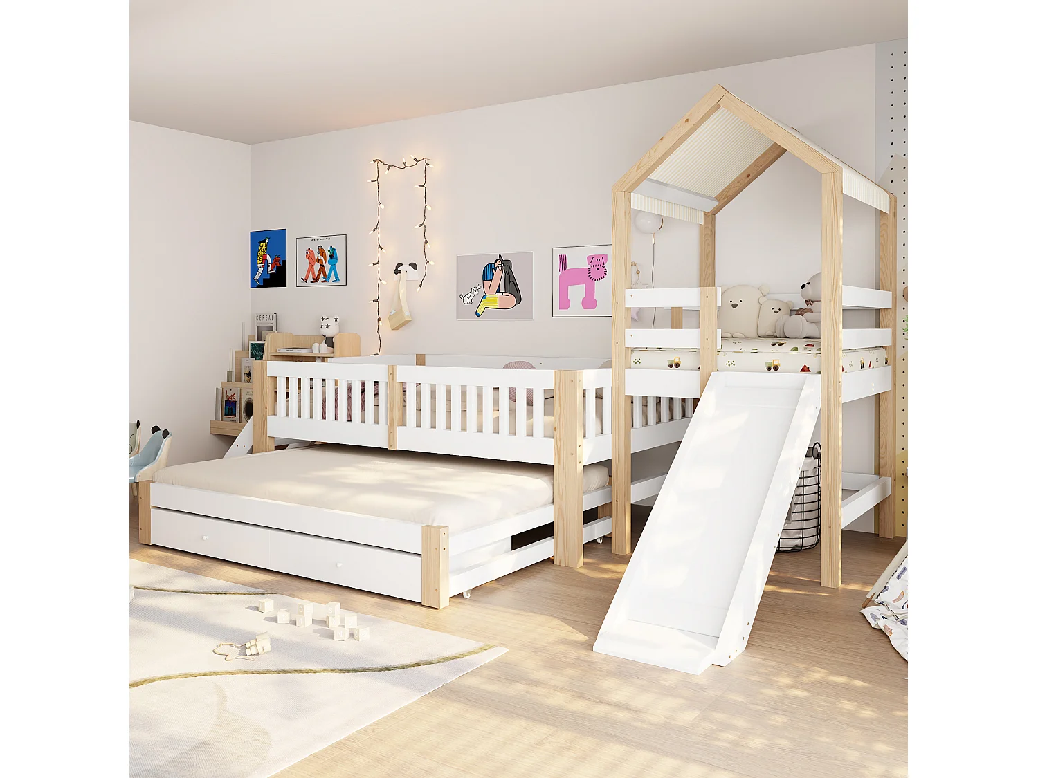 Lit enfant 90x200cm - avec lit gigogne 90x190cm - avec toboggan - avec échelle latérale - avec 2 tiroirs - blanc + naturel (matelas non inclus)