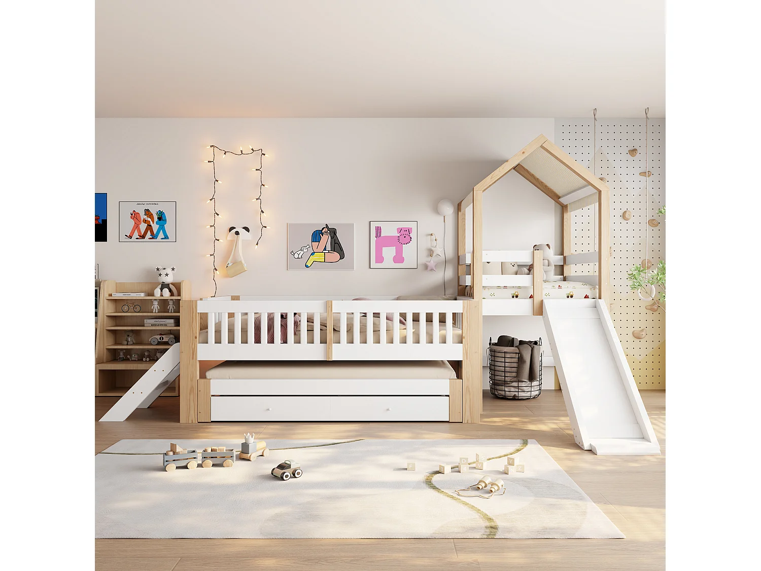 Lit enfant 90x200cm - avec lit gigogne 90x190cm - avec toboggan - avec échelle latérale - avec 2 tiroirs - blanc + naturel (matelas non inclus)