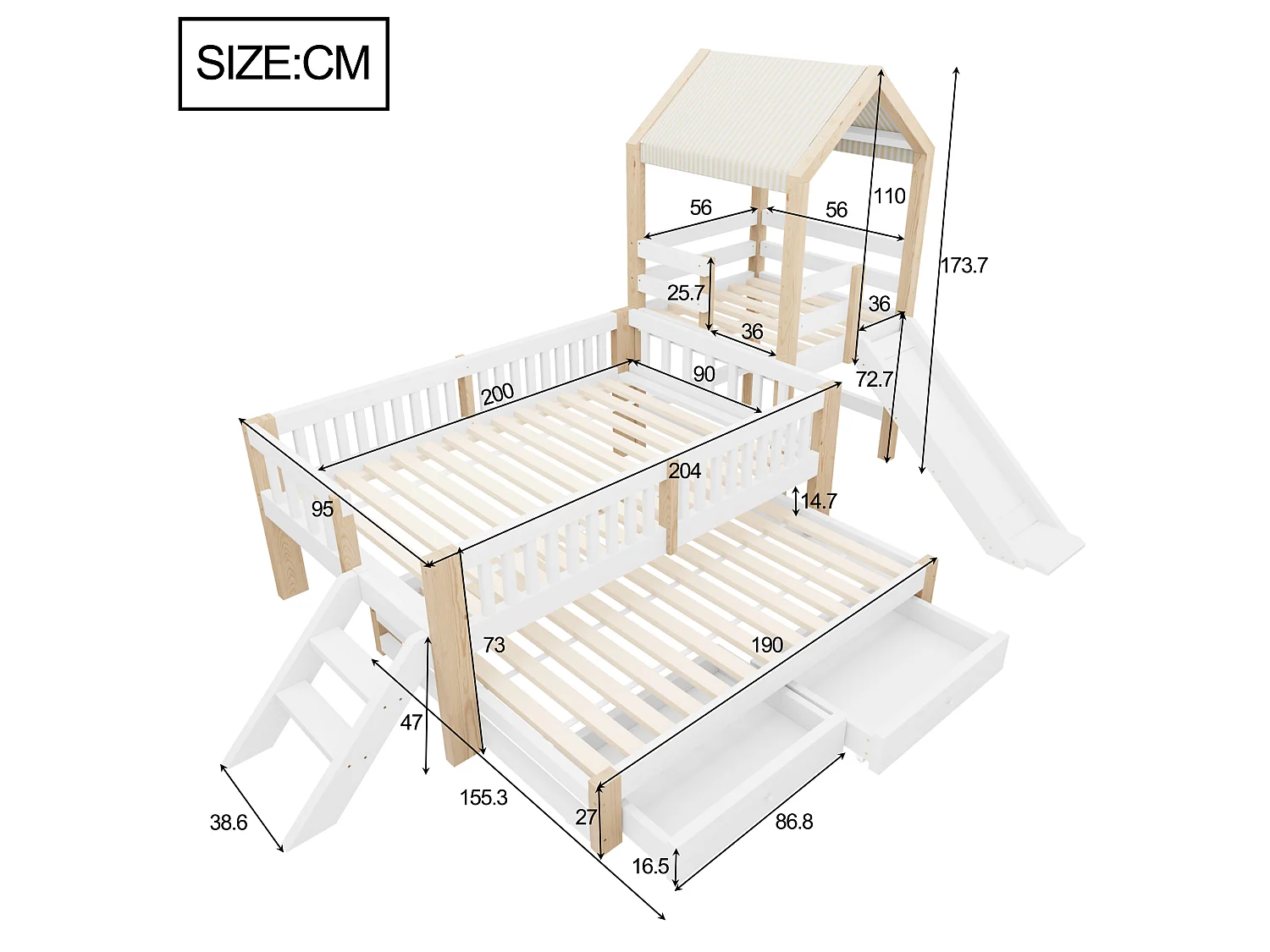 Lit enfant 90x200cm - avec lit gigogne 90x190cm - avec toboggan - avec échelle latérale - avec 2 tiroirs - blanc + naturel (matelas non inclus)