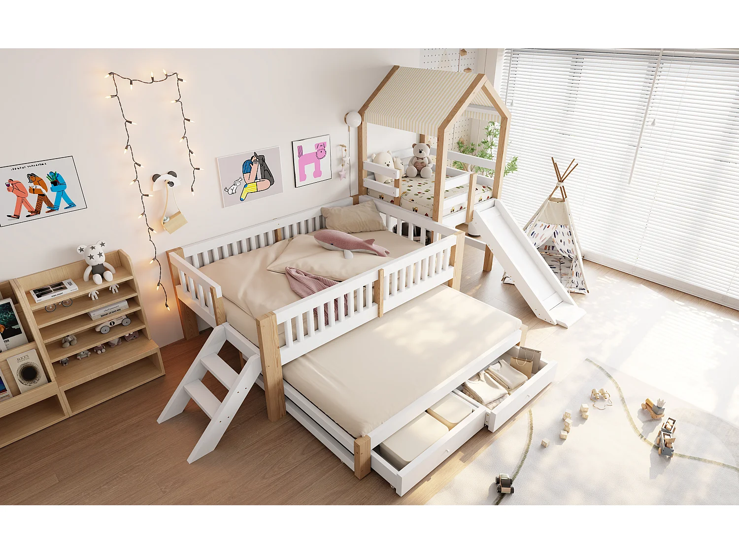 Lit enfant 90x200cm - avec lit gigogne 90x190cm - avec toboggan - avec échelle latérale - avec 2 tiroirs - blanc + naturel (matelas non inclus)