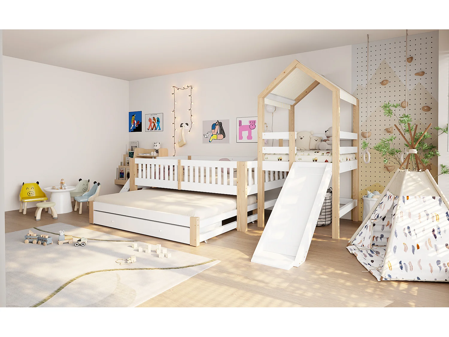 Lit enfant 90x200cm - avec lit gigogne 90x190cm - avec toboggan - avec échelle latérale - avec 2 tiroirs - blanc + naturel (matelas non inclus)