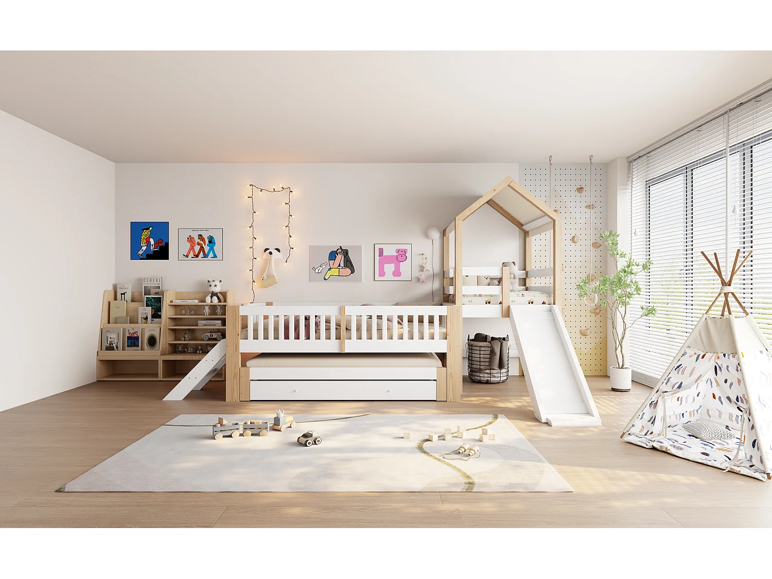 Lit enfant 90x200cm - avec lit gigogne 90x190cm - avec toboggan - avec échelle latérale - avec 2 tiroirs - blanc + naturel (matelas non inclus)