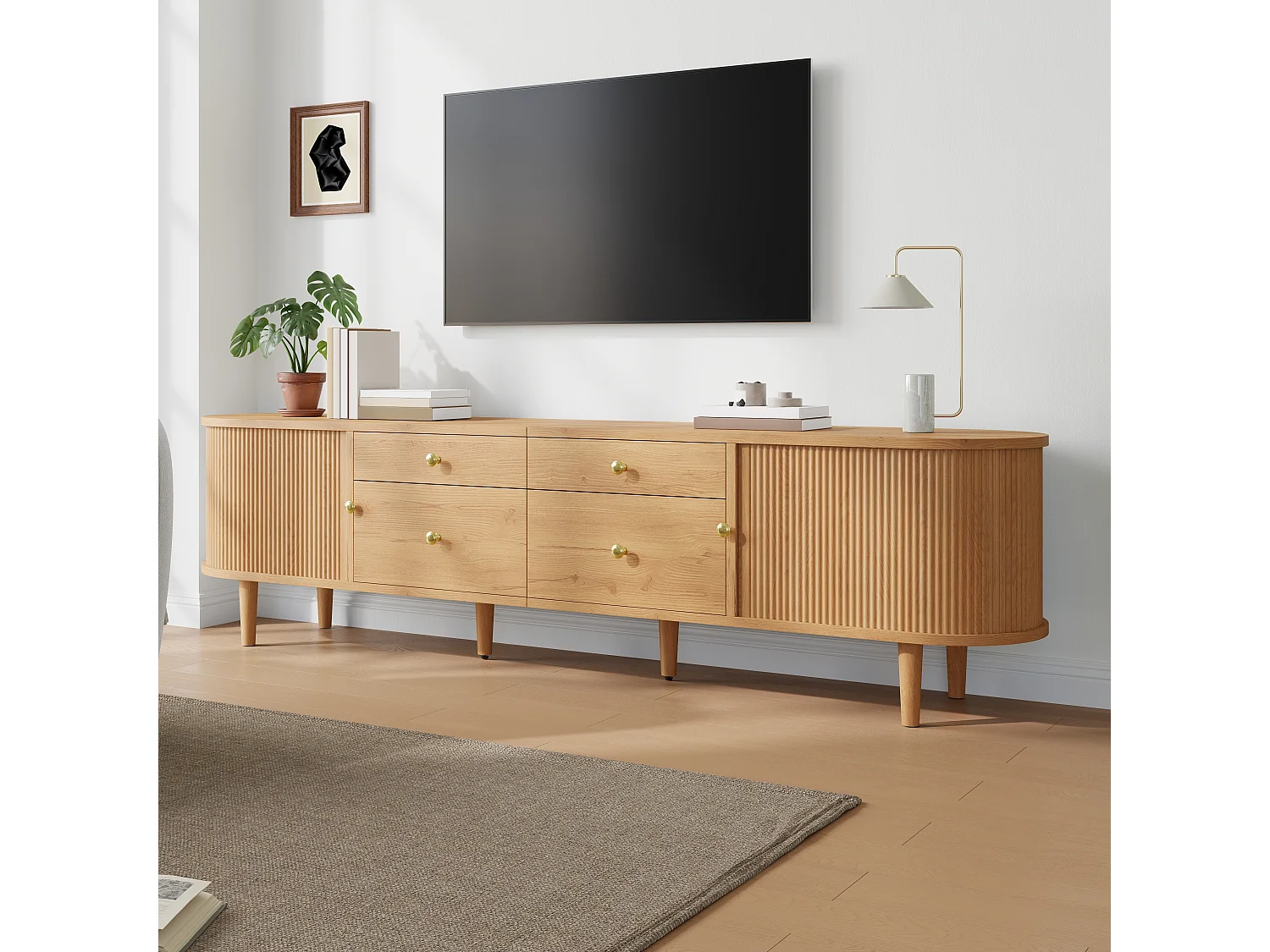 Meuble TV 180x35x50 cm - 4 tiroirs et 2 portes coulissantes - Pieds en bois et poignées en métal - Naturel