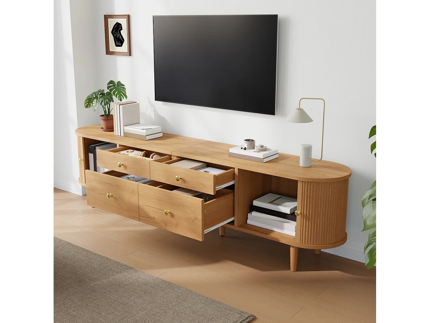 Meuble TV 180x35x50 cm - 4 tiroirs et 2 portes coulissantes - Pieds en bois et poignées en métal - Naturel