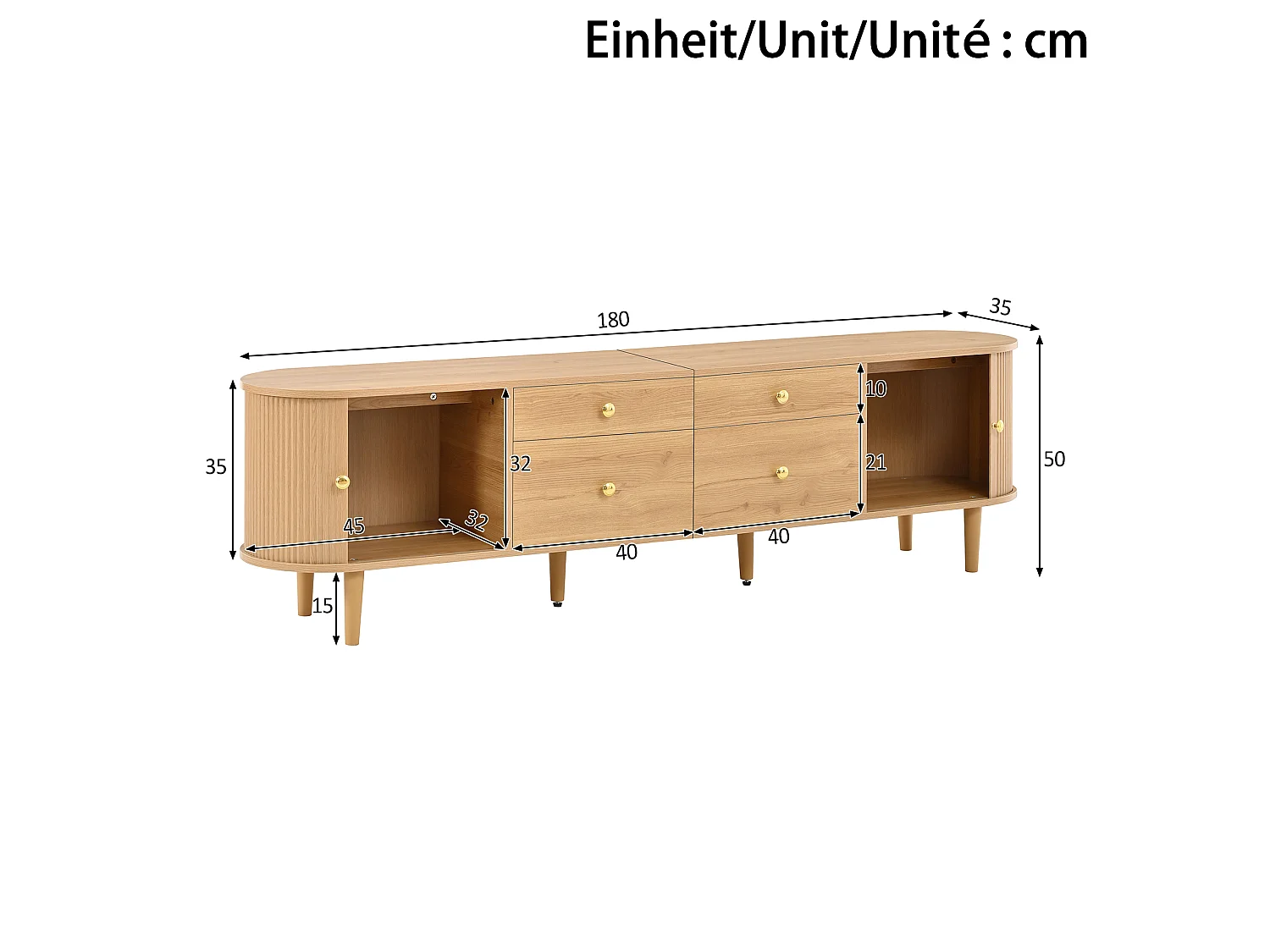Meuble TV 180x35x50 cm - 4 tiroirs et 2 portes coulissantes - Pieds en bois et poignées en métal - Naturel