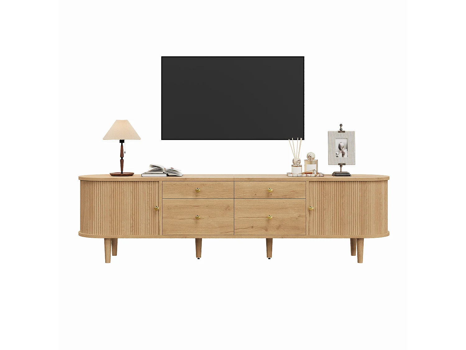 Meuble TV 180x35x50 cm - 4 tiroirs et 2 portes coulissantes - Pieds en bois et poignées en métal - Naturel