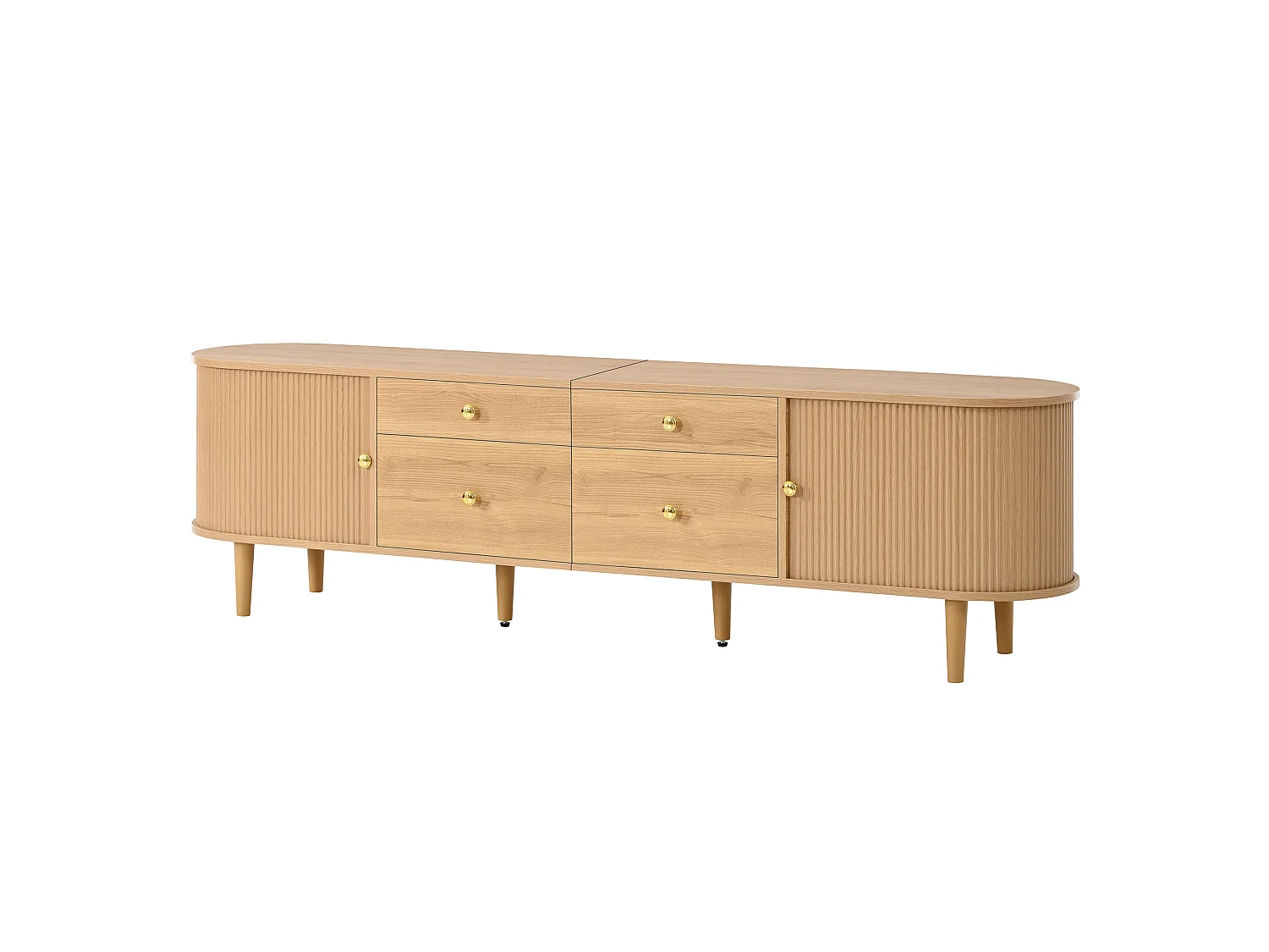 Meuble TV 180x35x50 cm - 4 tiroirs et 2 portes coulissantes - Pieds en bois et poignées en métal - Naturel