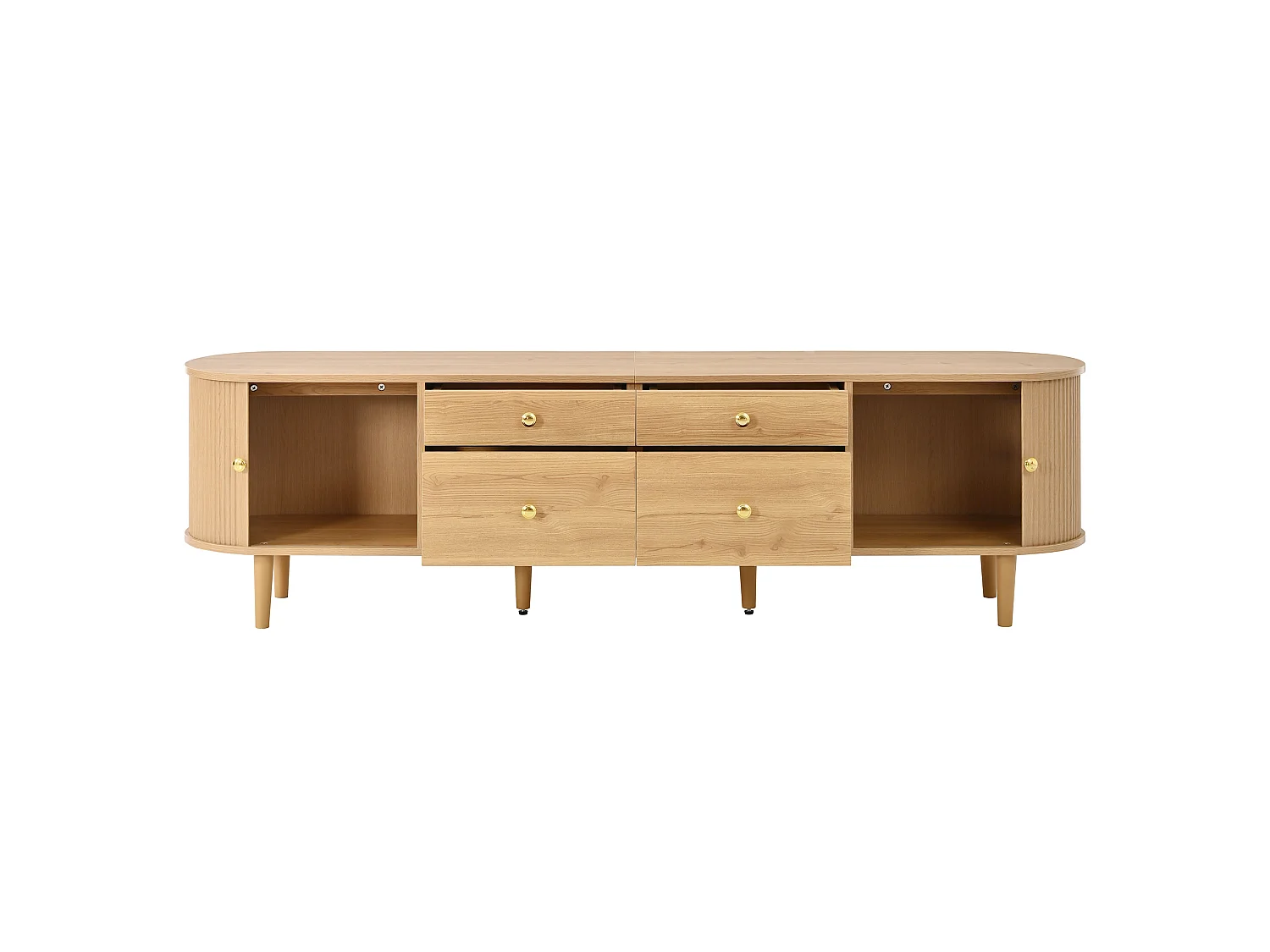 Meuble TV 180x35x50 cm - 4 tiroirs et 2 portes coulissantes - Pieds en bois et poignées en métal - Naturel