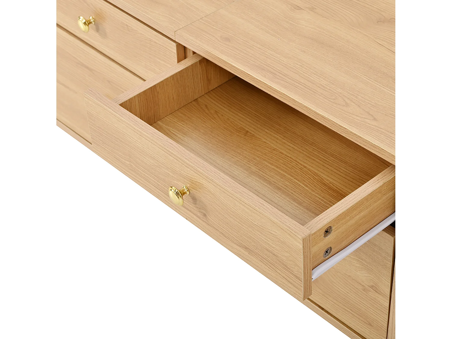 Meuble TV 180x35x50 cm - 4 tiroirs et 2 portes coulissantes - Pieds en bois et poignées en métal - Naturel