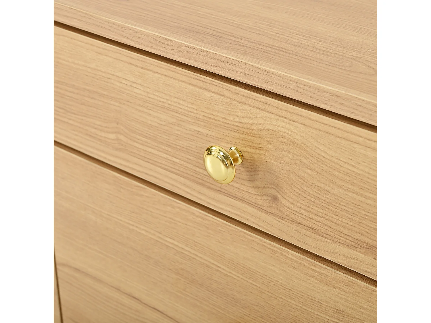Meuble TV 180x35x50 cm - 4 tiroirs et 2 portes coulissantes - Pieds en bois et poignées en métal - Naturel