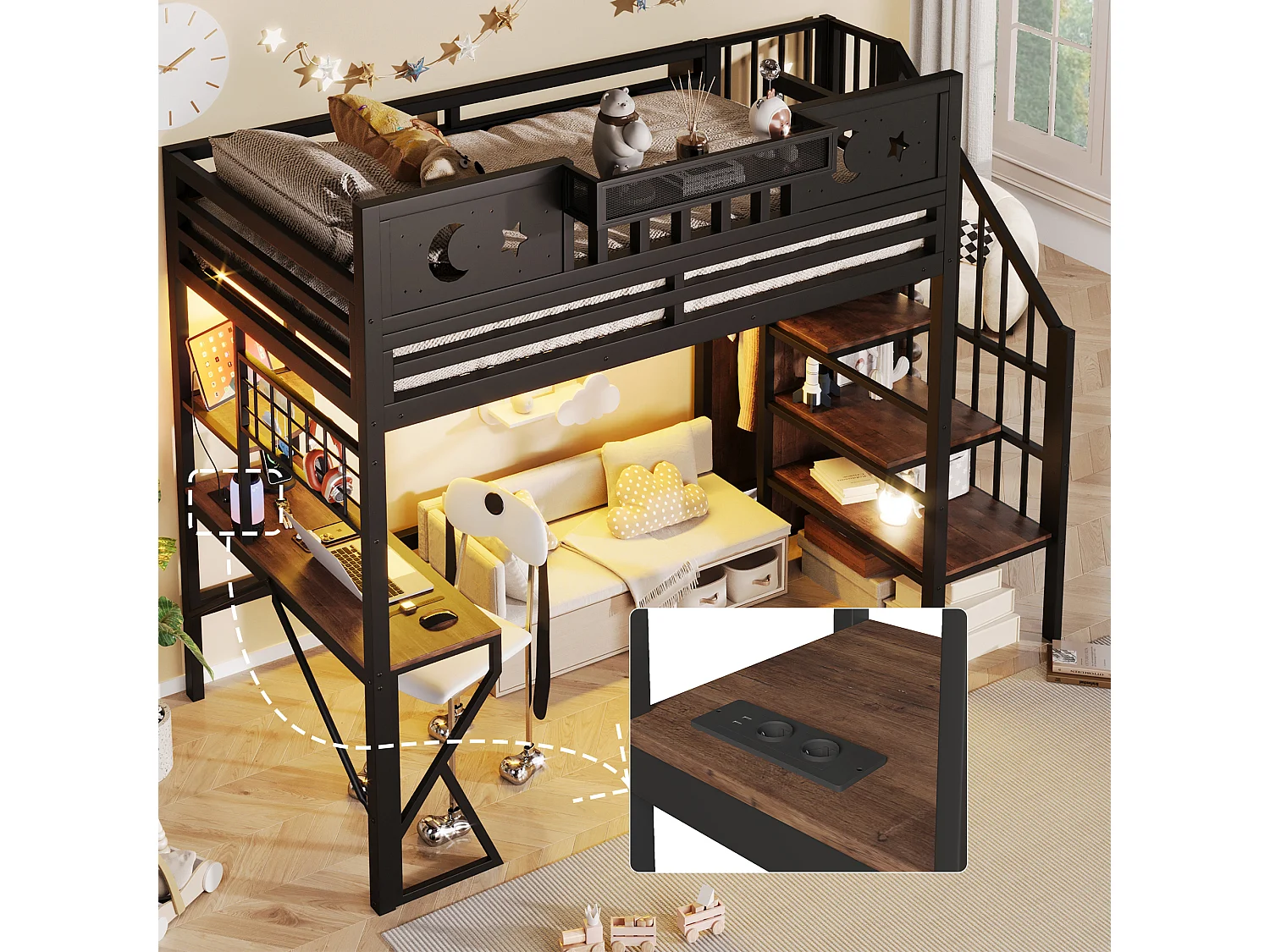 Lit mezzanine 90 x 200 cm avec bureau, panneau perforé, étagères – Métal et MDF – LED + USB – Noir (Sans matelas)