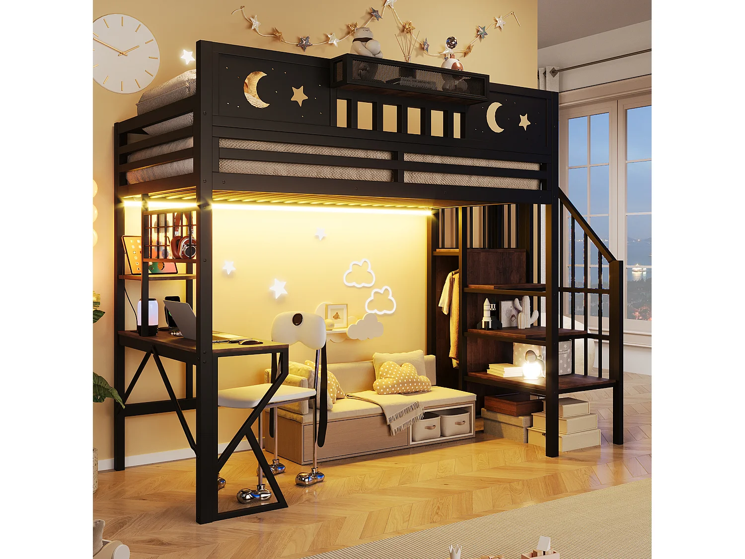 Lit mezzanine 90 x 200 cm avec bureau, panneau perforé, étagères – Métal et MDF – LED + USB – Noir (Sans matelas)
