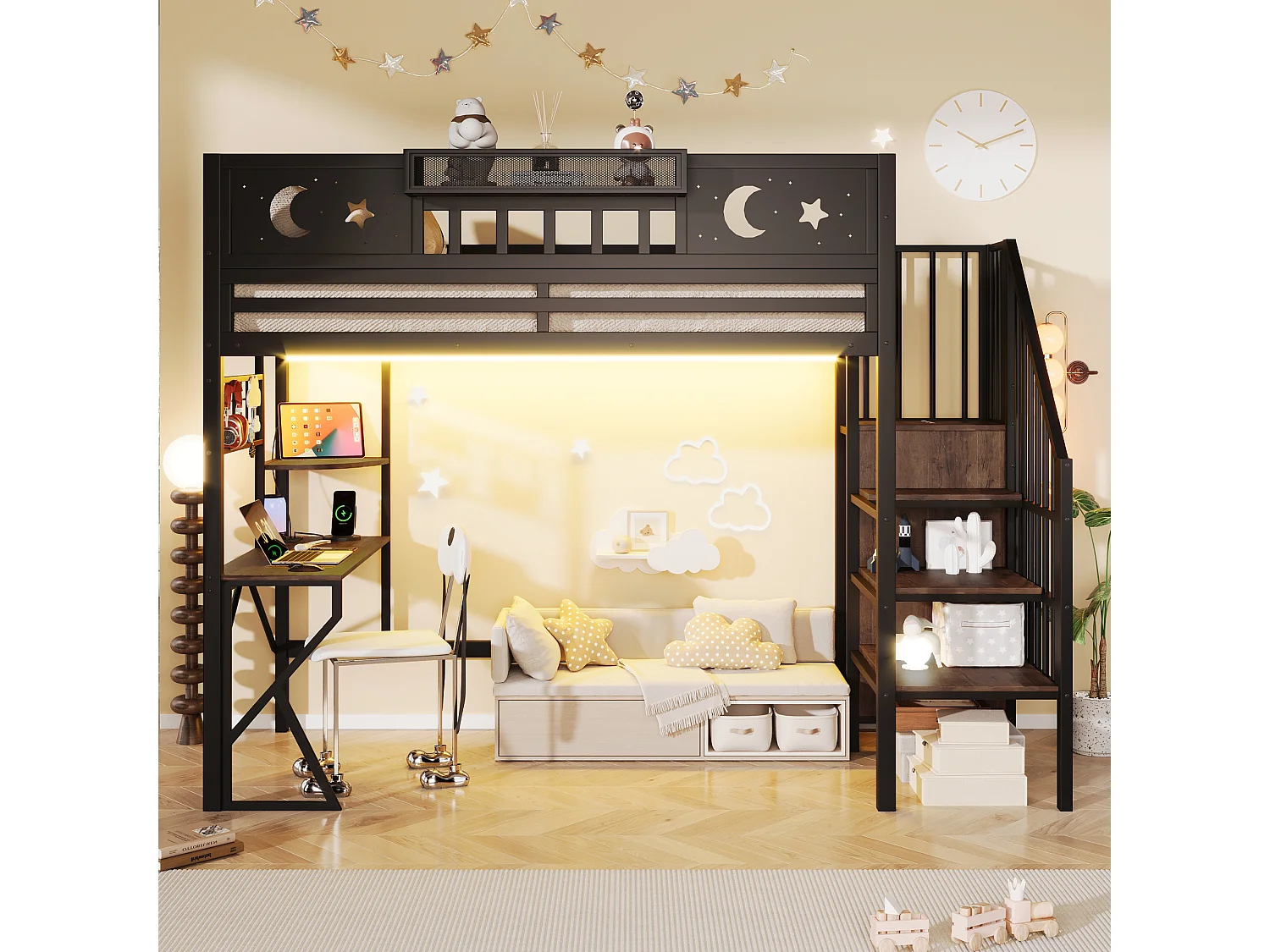 Lit mezzanine 90 x 200 cm avec bureau, panneau perforé, étagères – Métal et MDF – LED + USB – Noir (Sans matelas)