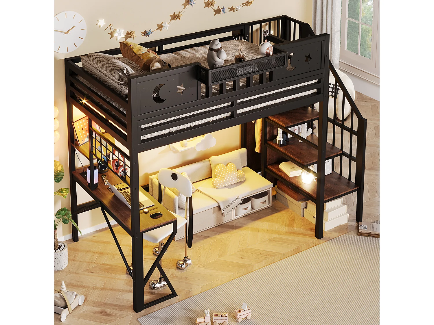 Lit mezzanine 90 x 200 cm avec bureau, panneau perforé, étagères – Métal et MDF – LED + USB – Noir (Sans matelas)