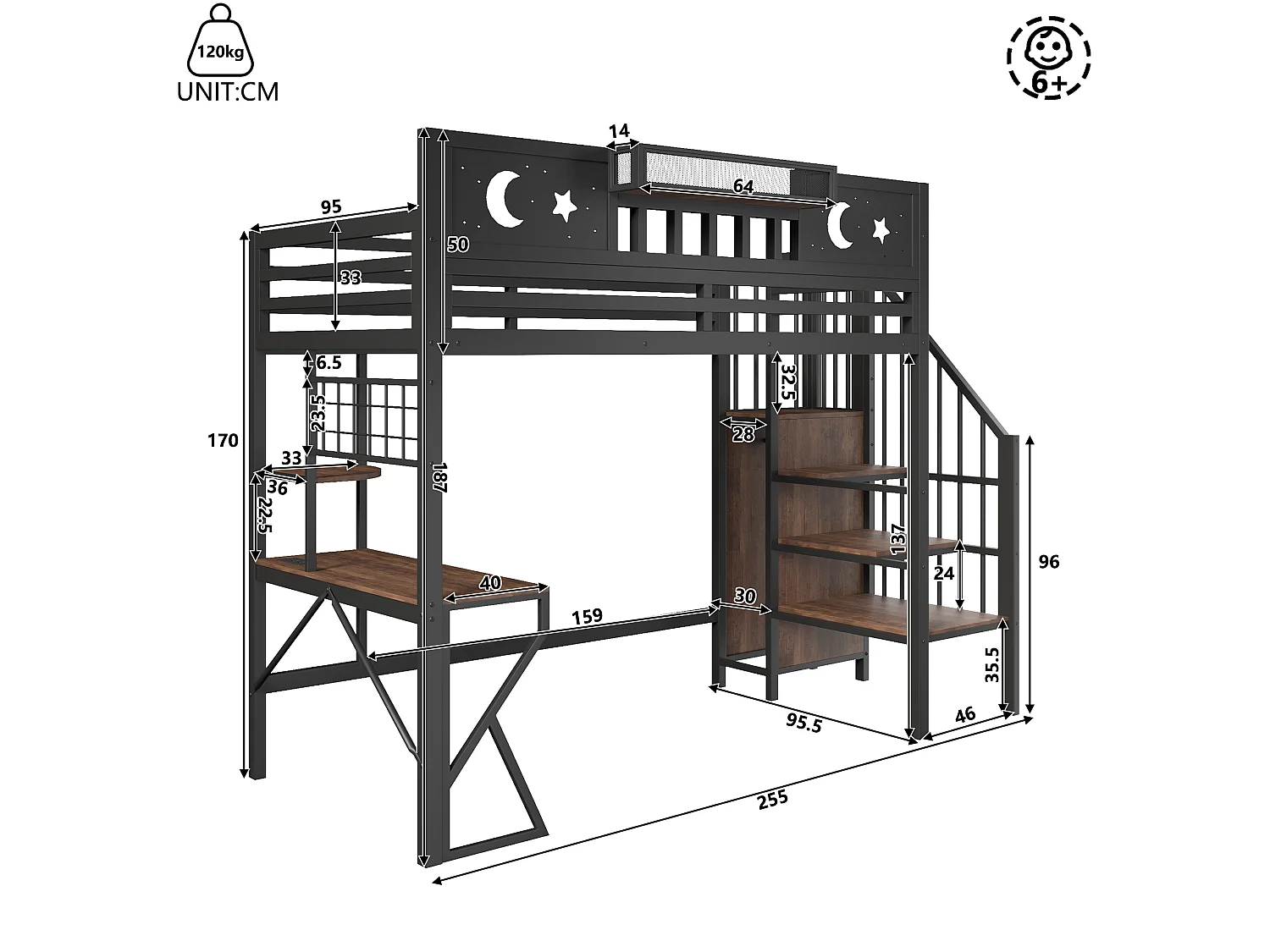 Lit mezzanine 90 x 200 cm avec bureau, panneau perforé, étagères – Métal et MDF – LED + USB – Noir (Sans matelas)