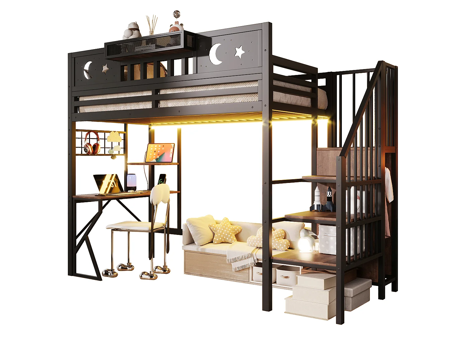 Lit mezzanine 90 x 200 cm avec bureau, panneau perforé, étagères – Métal et MDF – LED + USB – Noir (Sans matelas)