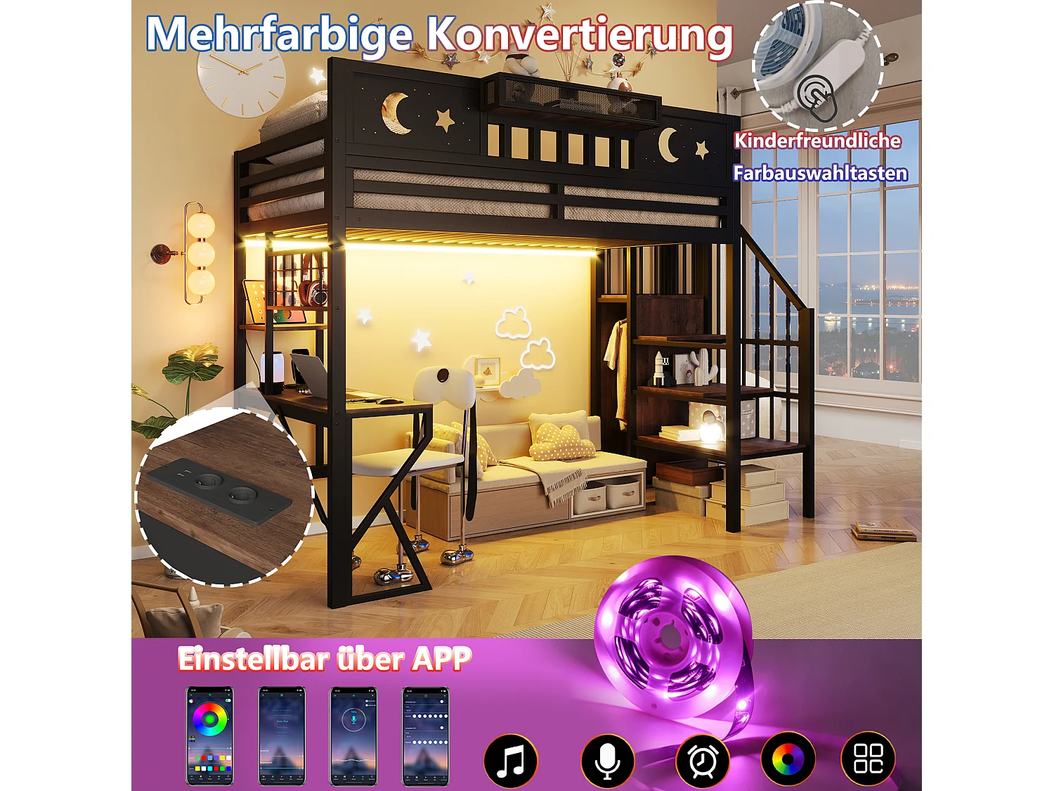 Lit mezzanine 90 x 200 cm avec bureau, panneau perforé, étagères – Métal et MDF – LED + USB – Noir (Sans matelas)