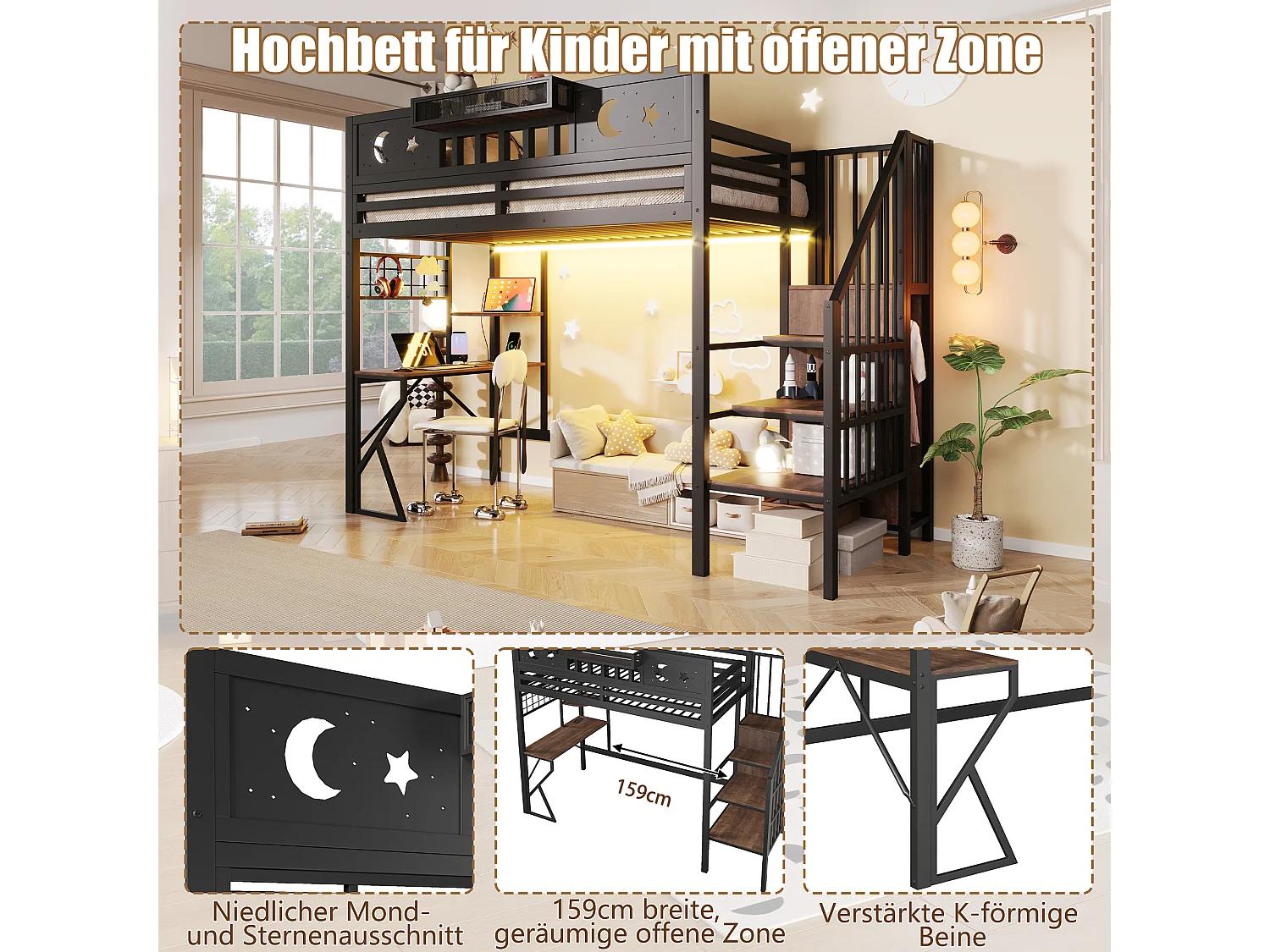 Lit mezzanine 90 x 200 cm avec bureau, panneau perforé, étagères – Métal et MDF – LED + USB – Noir (Sans matelas)