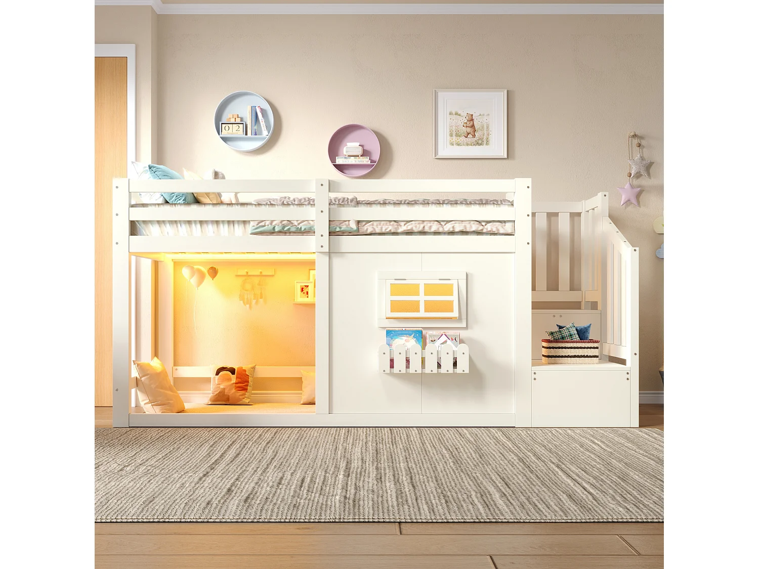 Lit mezzanine 90 x 200 cm - avec fenêtre - avec échelle de rangement - avec bande lumineuse LED - blanc (matelas non inclus)