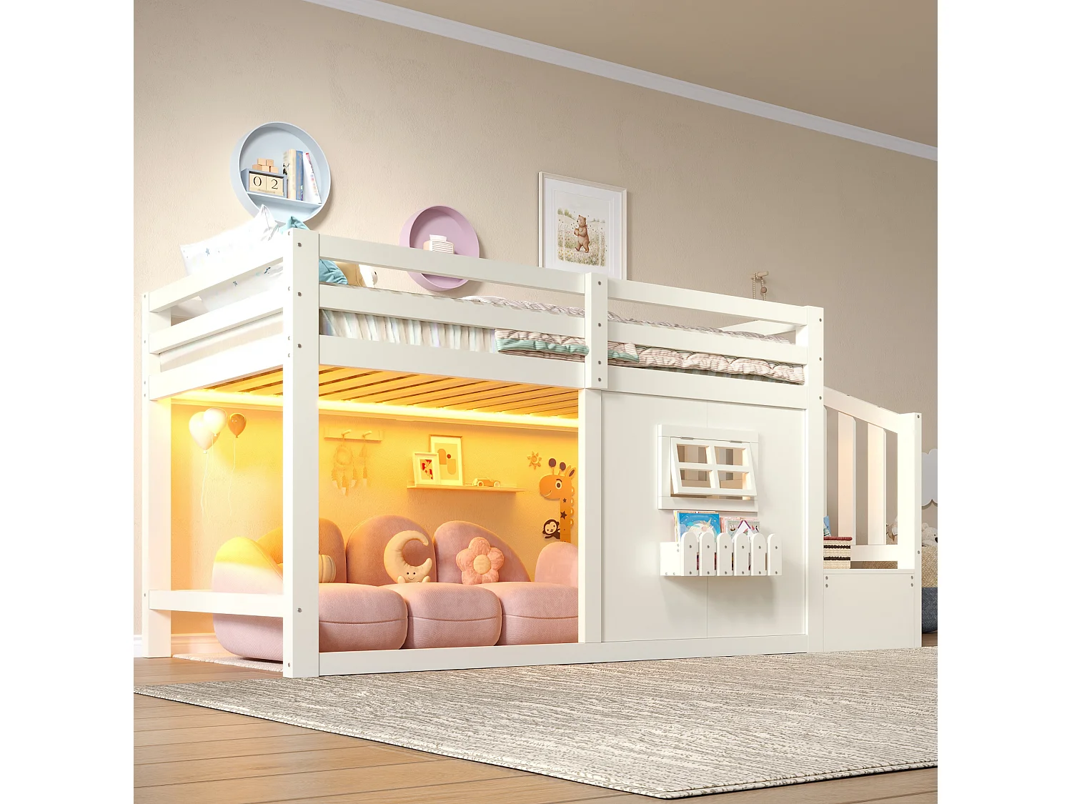 Lit mezzanine 90 x 200 cm - avec fenêtre - avec échelle de rangement - avec bande lumineuse LED - blanc (matelas non inclus)