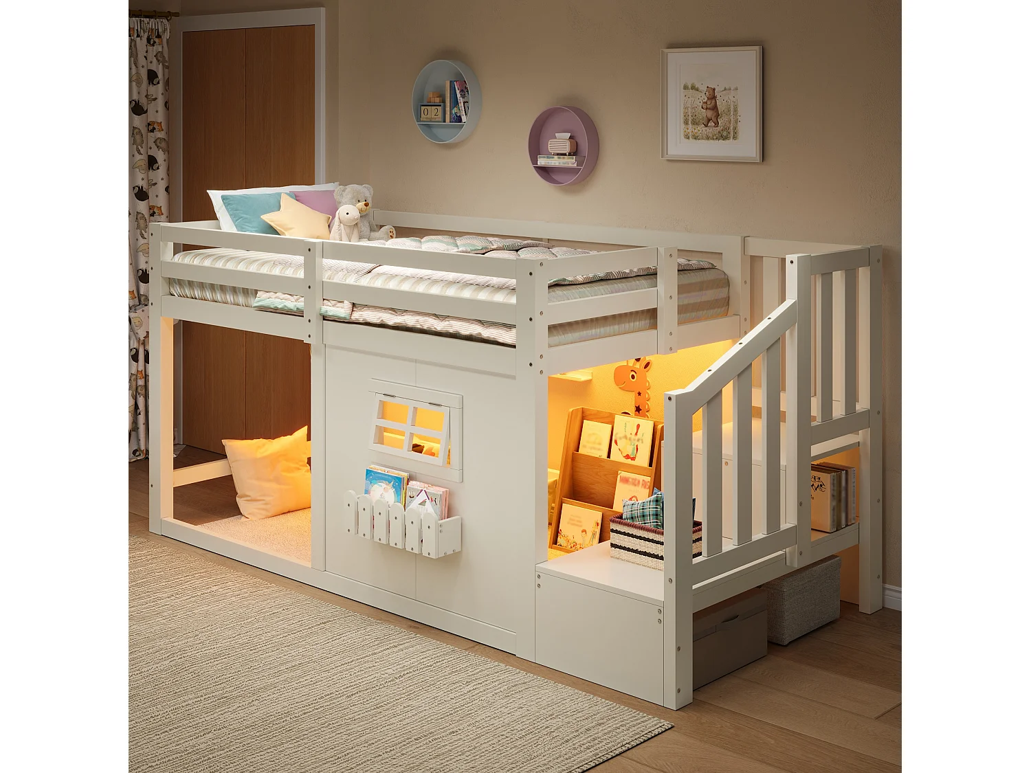 Lit mezzanine 90 x 200 cm - avec fenêtre - avec échelle de rangement - avec bande lumineuse LED - blanc (matelas non inclus)