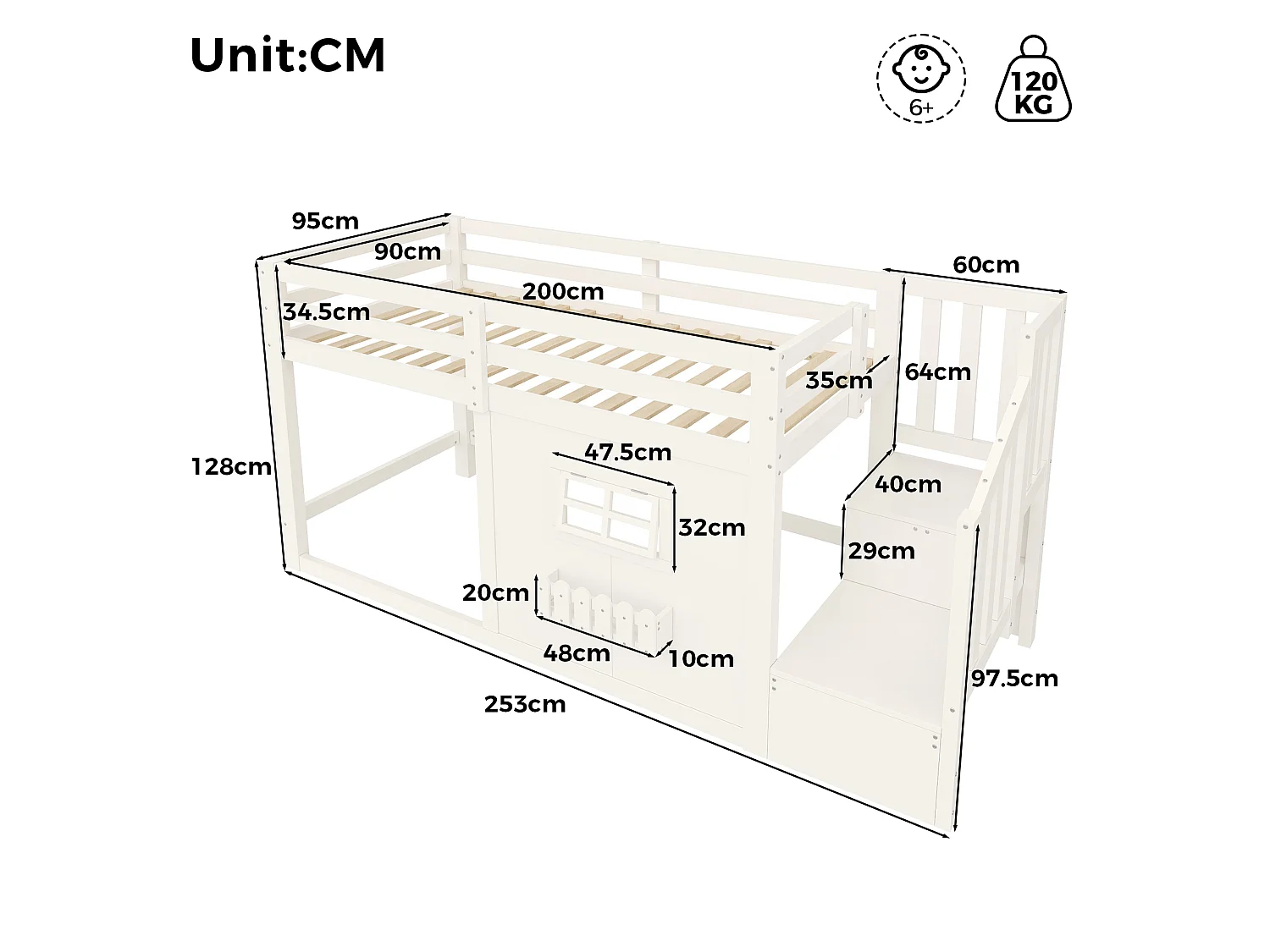 Lit mezzanine 90 x 200 cm - avec fenêtre - avec échelle de rangement - avec bande lumineuse LED - blanc (matelas non inclus)