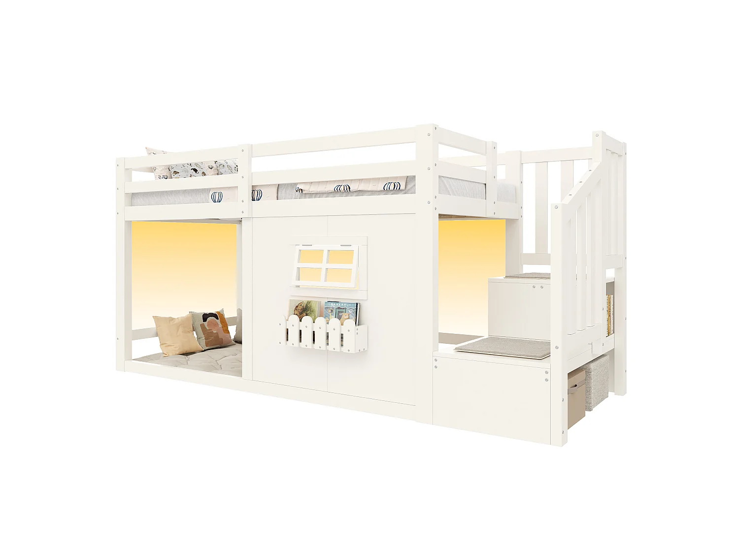 Lit mezzanine 90 x 200 cm - avec fenêtre - avec échelle de rangement - avec bande lumineuse LED - blanc (matelas non inclus)