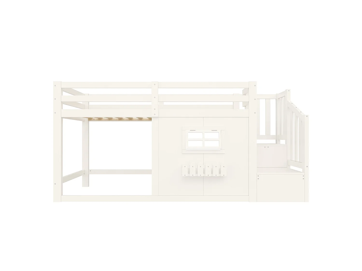 Lit mezzanine 90 x 200 cm - avec fenêtre - avec échelle de rangement - avec bande lumineuse LED - blanc (matelas non inclus)